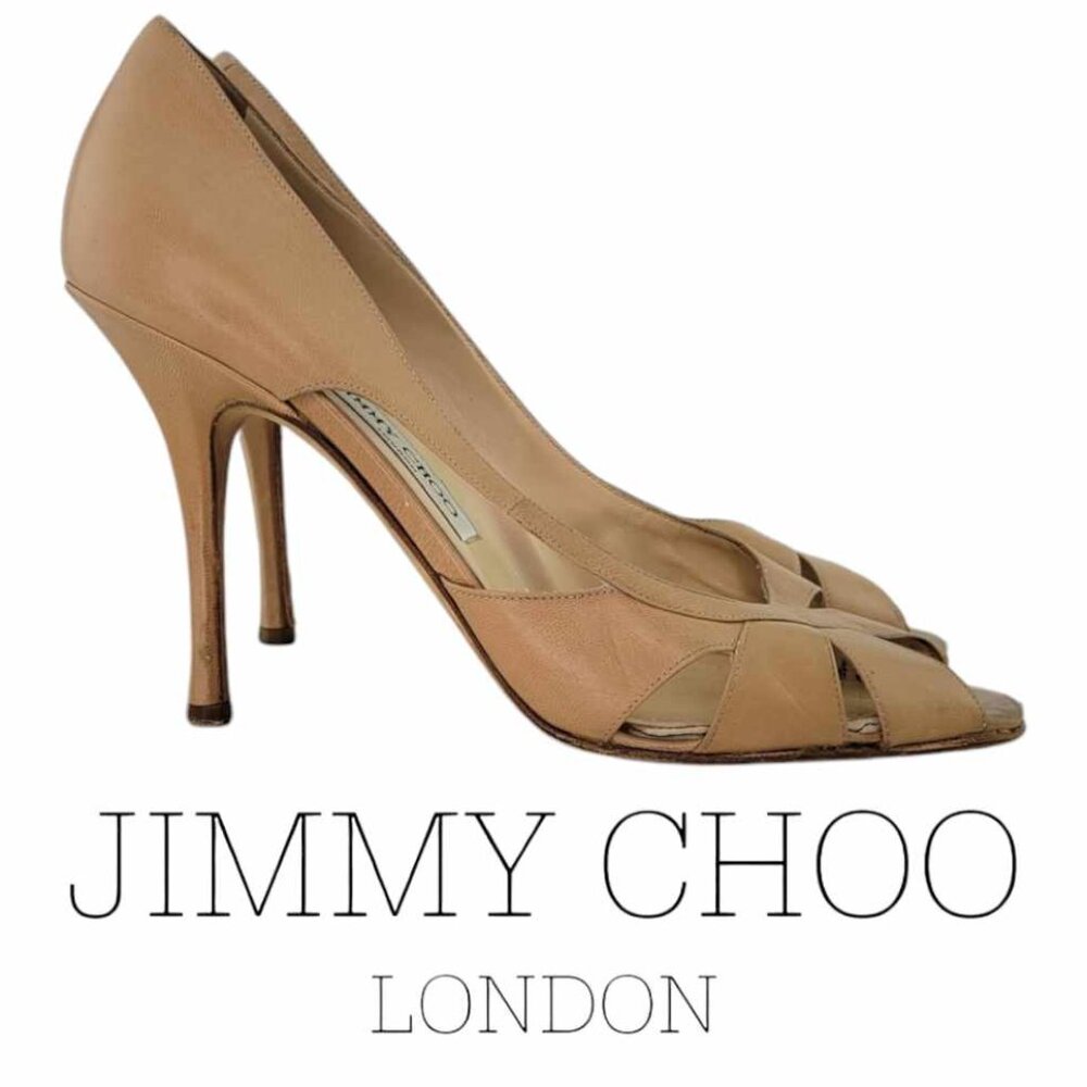 AUTHENTIC JIMMY CHOO Peep Toe Woven Cutout Pumps SZ IT 40 (US 10) - Tan